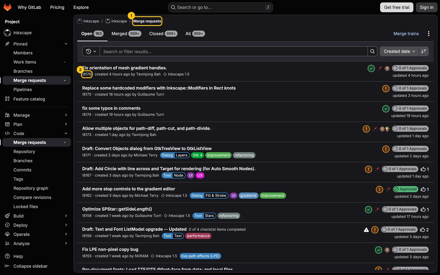Inkscape's merge requests on gitlab.com: 163 open, the newest one numbered !8176, with approval counts on the right.