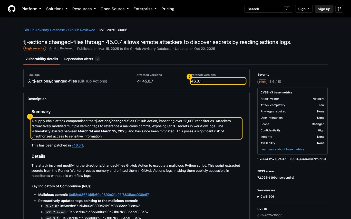 Advisory CVE-2025-30066 for tj-actions/changed-files: high severity, affects up to 45.0.7, patched in 46.0.1, with a summary.