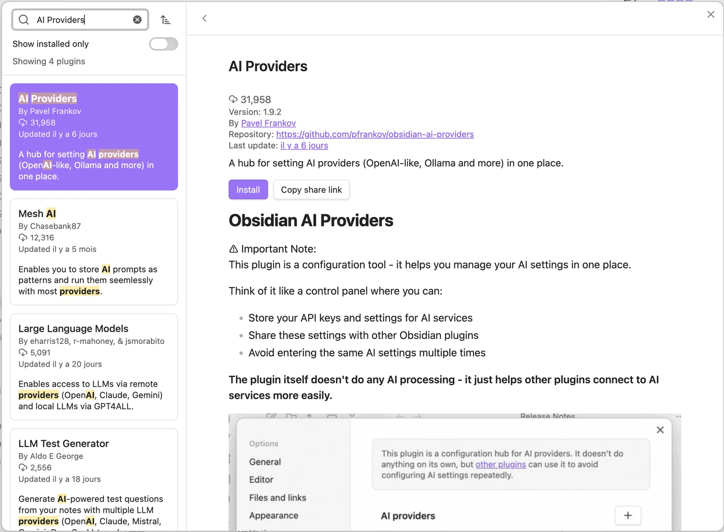 Obsidian’s community plugin browser: a search for “AI Providers”, the plugin by Pavel Frankov and its Install button.