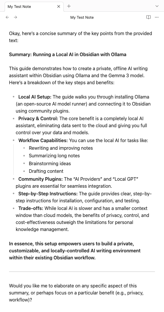The summary written at the end of the note: a heading, a short intro, and bullet points on setup, privacy and trade-offs.